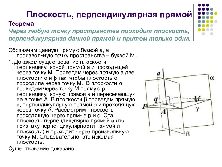 Плоскость, перпендикулярная прямой Обозначим данную прямую буквой а, а произвольную