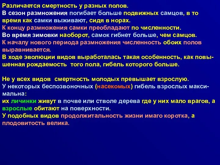 Различается смертность у разных полов. В сезон размножения погибает больше