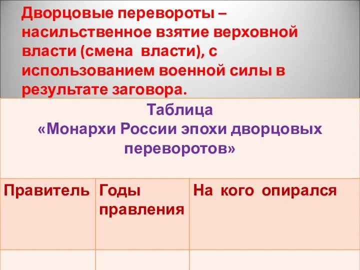 Дворцовые перевороты – насильственное взятие верховной власти (смена власти), с использованием военной силы в результате заговора.