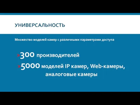 УНИВЕРСАЛЬНОСТЬ Множество моделей камер с различными параметрами доступа >5000 моделей