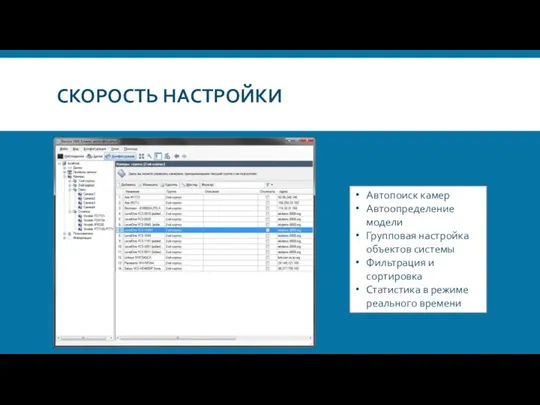 СКОРОСТЬ НАСТРОЙКИ Автопоиск камер Автоопределение модели Групповая настройка объектов системы