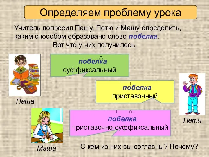 Определяем проблему урока Учитель попросил Пашу, Петю и Машу определить,