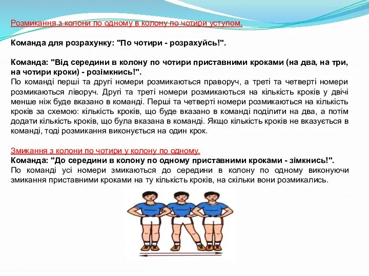 Розмикання з колони по одному в колону по чотири уступом.