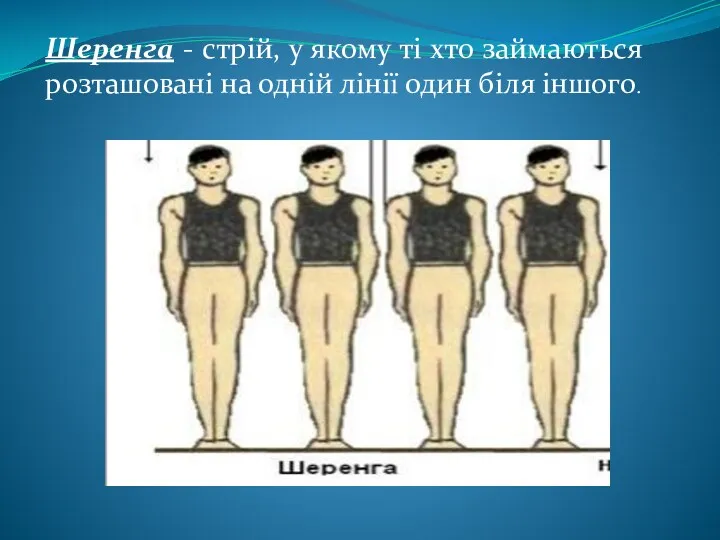 Шеренга - стрій, у якому ті хто займаються розташовані на одній лінії один біля іншого.