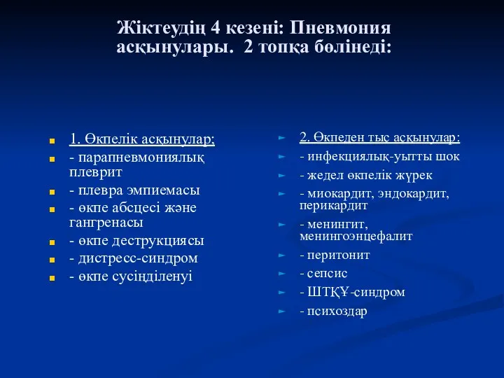 Жіктеудің 4 кезені: Пневмония асқынулары. 2 топқа бөлінеді: 1. Өкпелік