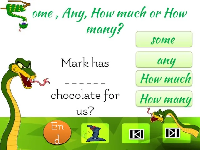 Mark has ______ chocolate for us? some any How much
