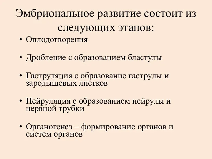 Эмбриональное развитие состоит из следующих этапов: Оплодотворения Дробление с образованием