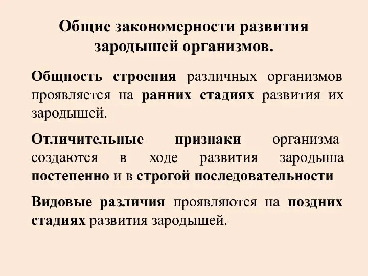 Общие закономерности развития зародышей организмов. Общность строения различных организмов проявляется