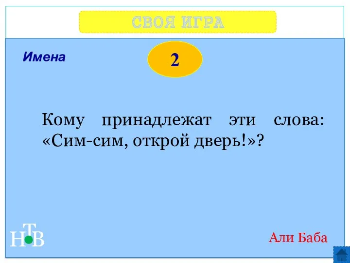 СВОЯ ИГРА Н Т В 2 Имена Кому принадлежат эти слова: «Сим-сим, открой дверь!»? Али Баба