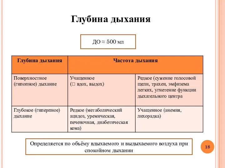 Глубина дыхания ДО ≈ 500 мл Определяется по объёму вдыхаемого и выдыхаемого воздуха при спокойном дыхании