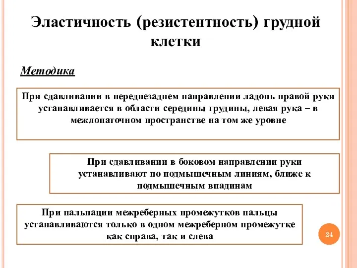 Эластичность (резистентность) грудной клетки При сдавливании в переднезаднем направлении ладонь