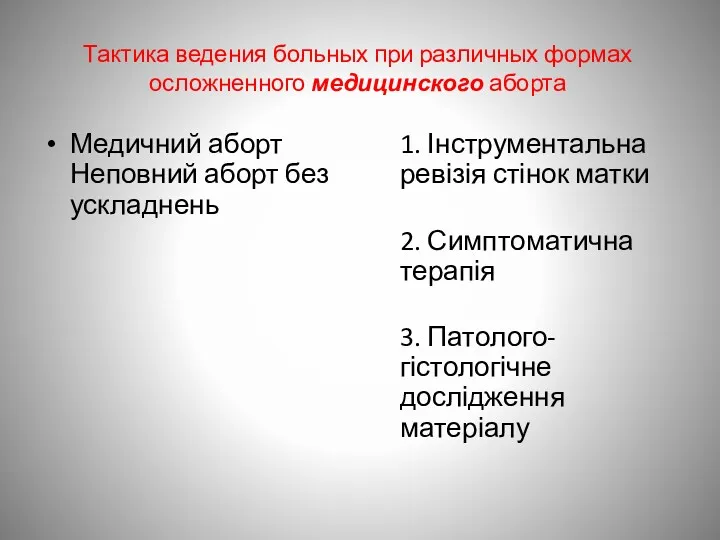 Тактика ведения больных при различных формах осложненного медицинского аборта Медичний