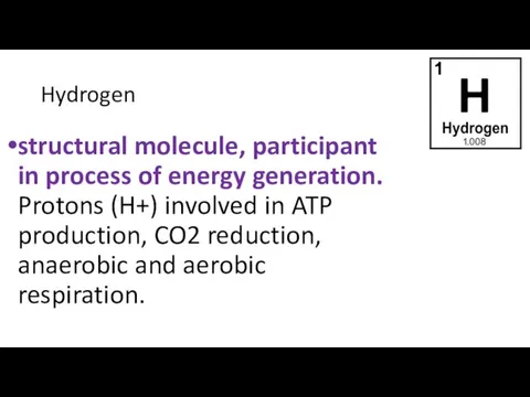 Hydrogen structural molecule, participant in process of energy generation. Protons