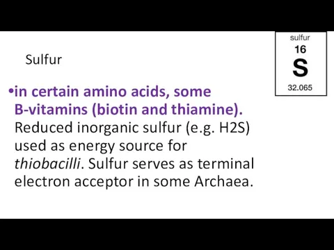 Sulfur in certain amino acids, some B-vitamins (biotin and thiamine).