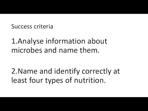 Success criteria 1.Analyse information about microbes and name them. 2.Name