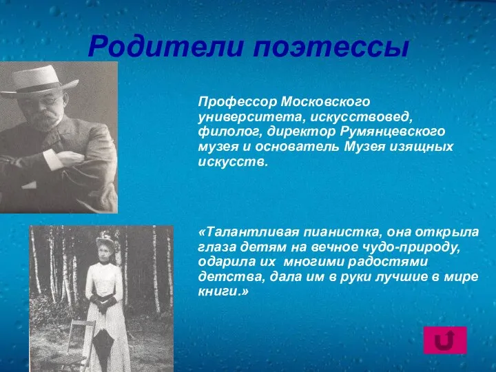 Родители поэтессы Профессор Московского университета, искусствовед, филолог, директор Румянцевского музея