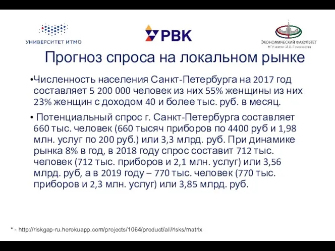 Прогноз спроса на локальном рынке Численность населения Санкт-Петербурга на 2017 год составляет 5