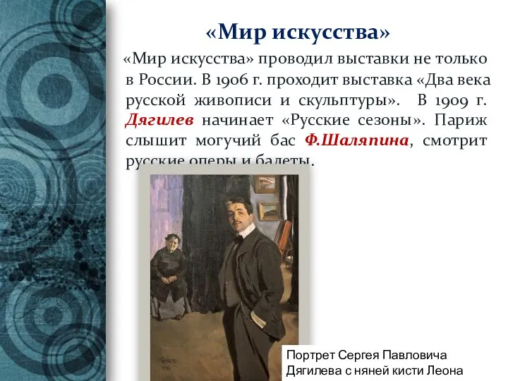 «Мир искусства» «Мир искусства» проводил выставки не только в России. В 1906 г.
