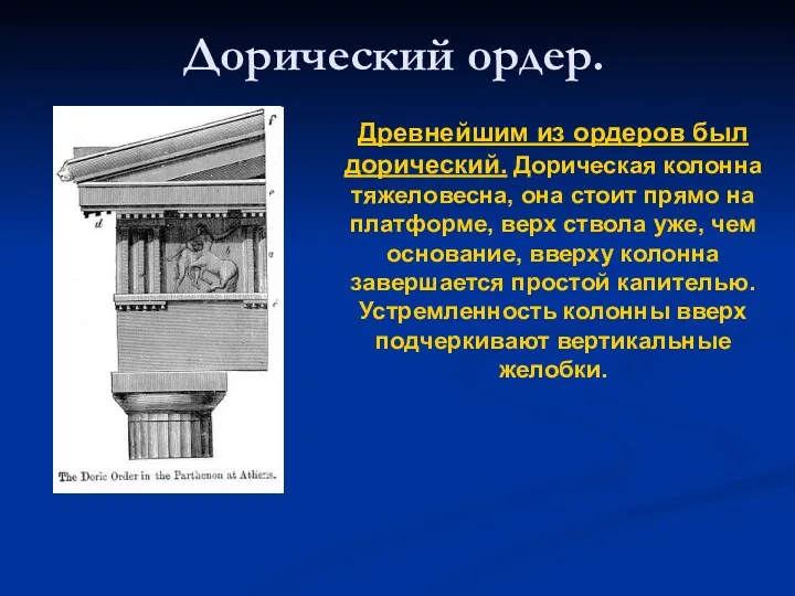 Древнейшим из ордеров был дорический. Дорическая колонна тяжеловесна, она стоит