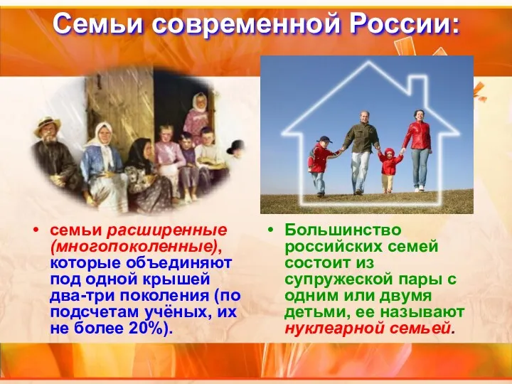 Семьи современной России: семьи расширенные (многопоколенные), которые объединяют под одной крышей два-три поколения