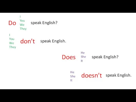 Do I You We They speak English? I You We They don’t speak