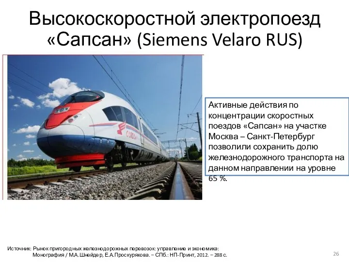 Высокоскоростной электропоезд «Сапсан» (Siemens Velaro RUS) Источник: Рынок пригородных железнодорожных перевозок: управление и