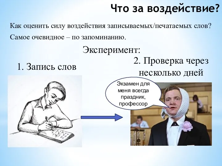 Что за воздействие? Как оценить силу воздействия записываемых/печатаемых слов? Самое очевидное – по запоминанию.