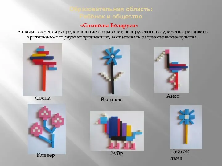 Образовательная область: Ребёнок и общество Задачи: закреплять представление о символах белорусского государства, развивать