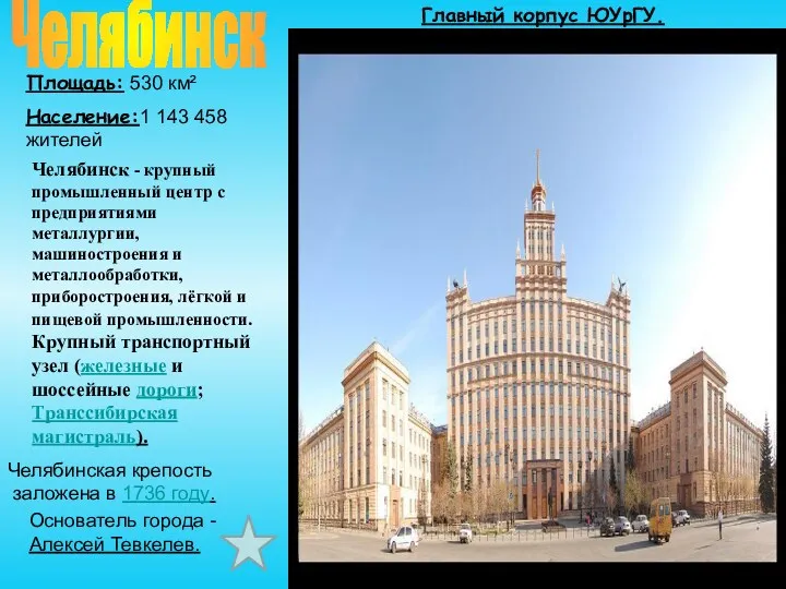 Челябинск Площадь: 530 км² Население:1 143 458 жителей Челябинск -