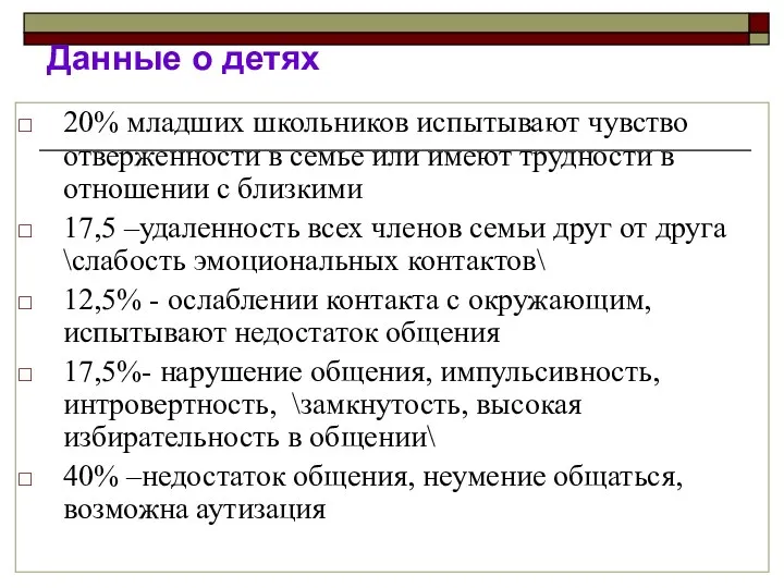 Данные о детях 20% младших школьников испытывают чувство отверженности в семье или имеют