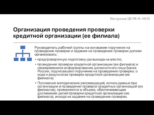 Организация проведения проверки кредитной организации (ее филиала) Руководитель рабочей группы на основании поручения