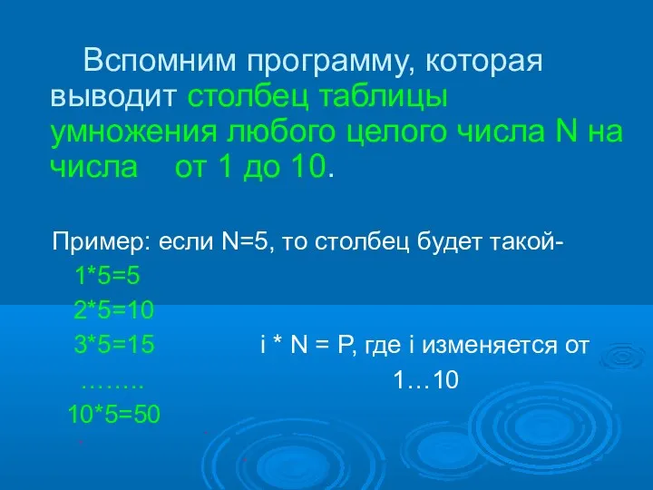 Вспомним программу, которая выводит столбец таблицы умножения любого целого числа