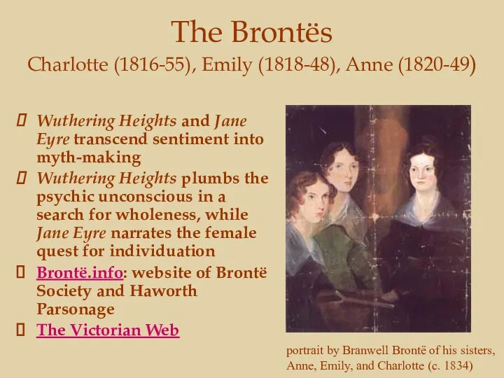 The Brontës Charlotte (1816-55), Emily (1818-48), Anne (1820-49) Wuthering Heights