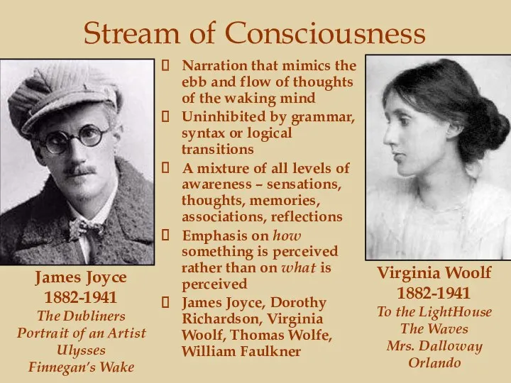 Stream of Consciousness Narration that mimics the ebb and flow