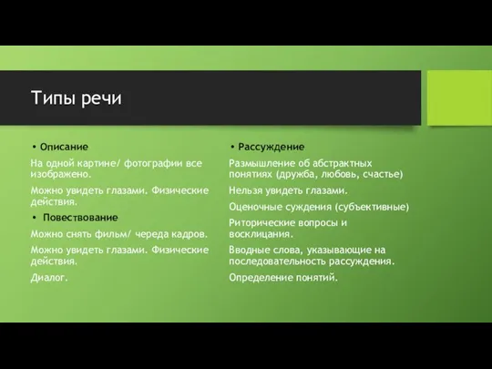 Типы речи Описание На одной картине/ фотографии все изображено. Можно увидеть глазами. Физические