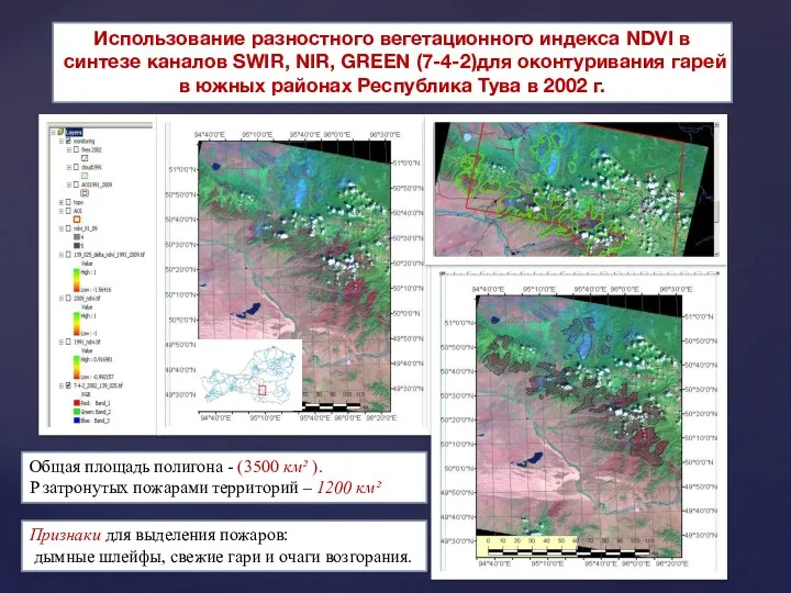 Общая площадь полигона - (3500 км² ). P затронутых пожарами