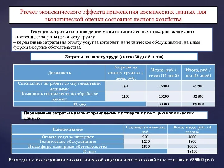 Текущие затраты на проведение мониторинга лесных пожаров включают: –постоянные затраты