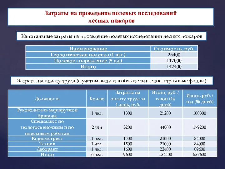 Затраты на проведение полевых исследований лесных пожаров Капитальные затраты на