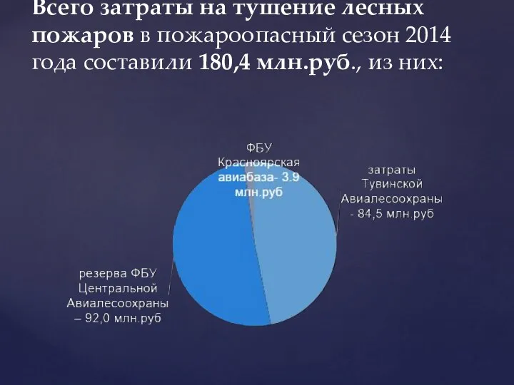 Всего затраты на тушение лесных пожаров в пожароопасный сезон 2014 года составили 180,4 млн.руб., из них: