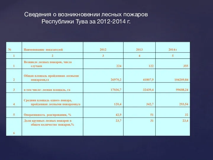 Сведения о возникновении лесных пожаров Республики Тува за 2012-2014 г.