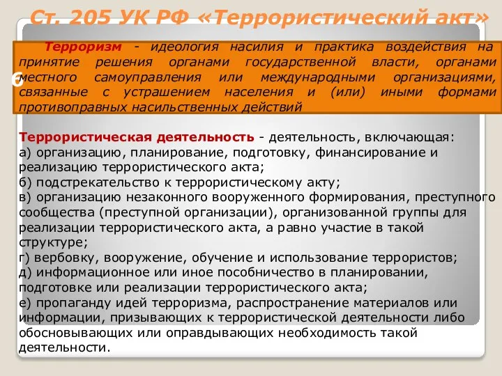 Ст. 205 УК РФ «Террористический акт» 6 Терроризм - идеология насилия и практика