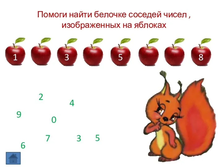 Помоги найти белочке соседей чисел , изображенных на яблоках 1