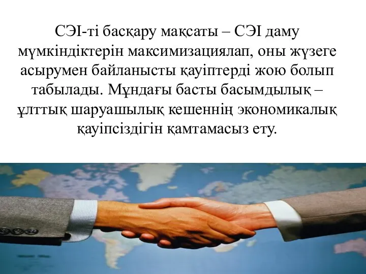 СЭІ-ті басқару мақсаты – СЭІ даму мүмкіндіктерін максимизациялап, оны жүзеге