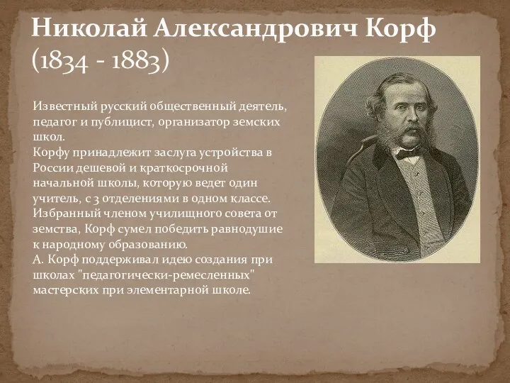 Николай Александрович Корф (1834 - 1883) Известный русский общественный деятель,