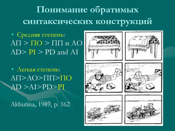 Понимание обратимых синтаксических конструкций Средняя степень: АП > ПО >