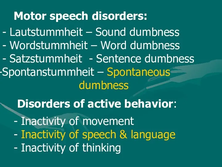 - Lautstummheit – Sound dumbness - Wordstummheit – Word dumbness