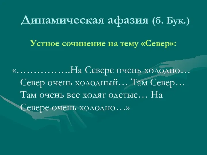 Динамическая афазия (б. Бук.) Устное сочинение на тему «Север»: «…………….На