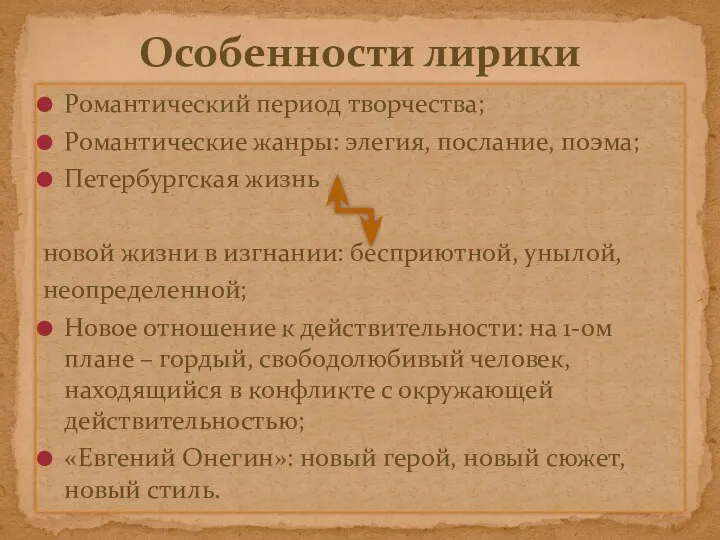 Романтический период творчества; Романтические жанры: элегия, послание, поэма; Петербургская жизнь