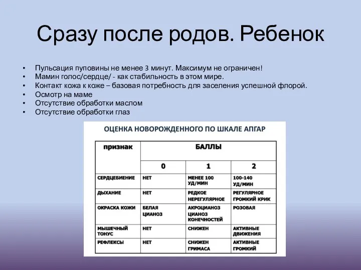 Сразу после родов. Ребенок Пульсация пуповины не менее 3 минут.