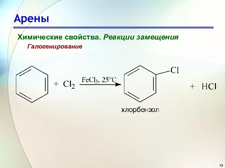 Арены Химические свойства. Реакции замещения Галогенирование